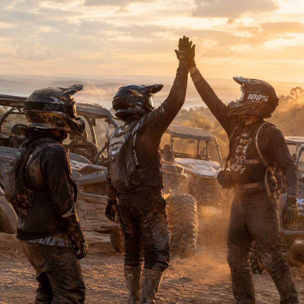 Pilotos comemorando ao lado dos UTVs